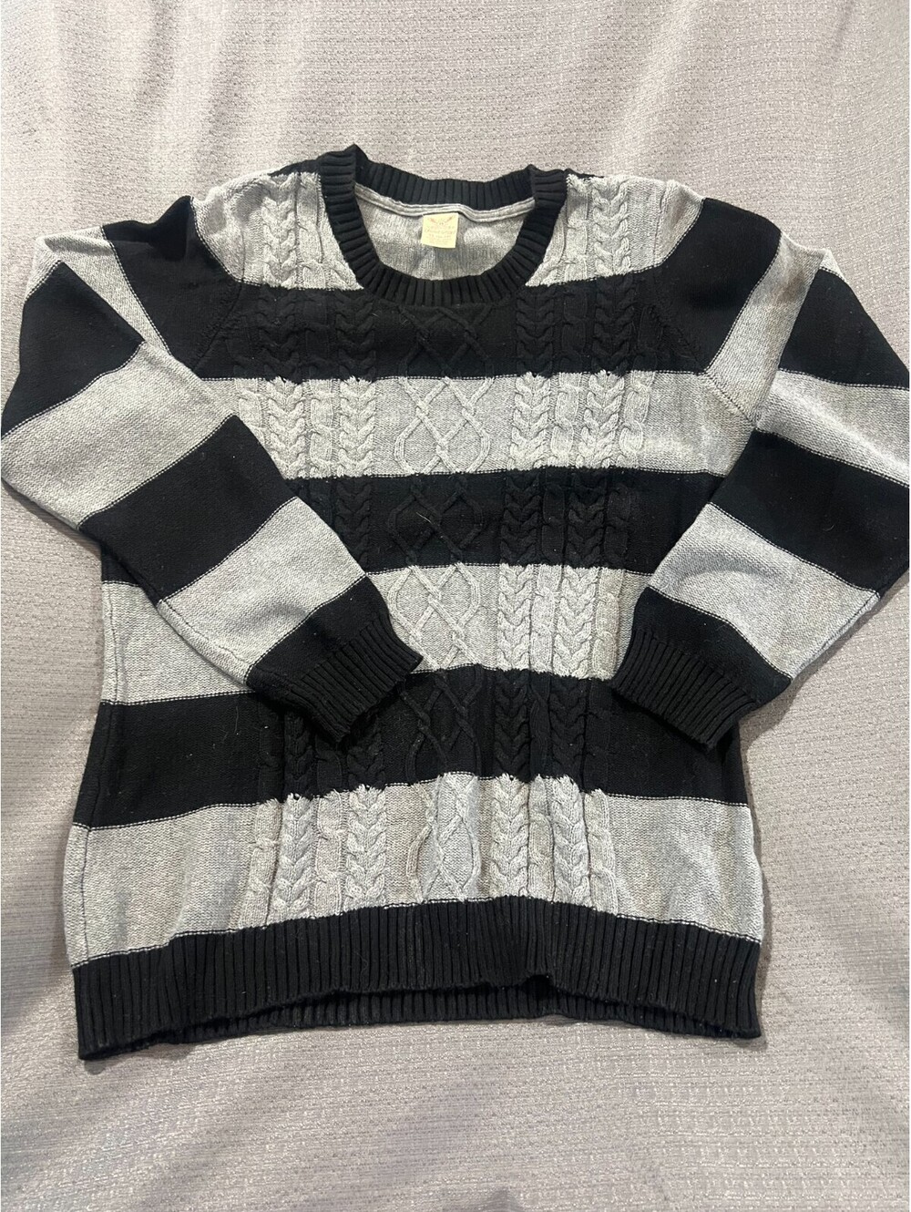 Faded Glory Women's XL Black Gray Striped Cable Knit Cotton Sweater